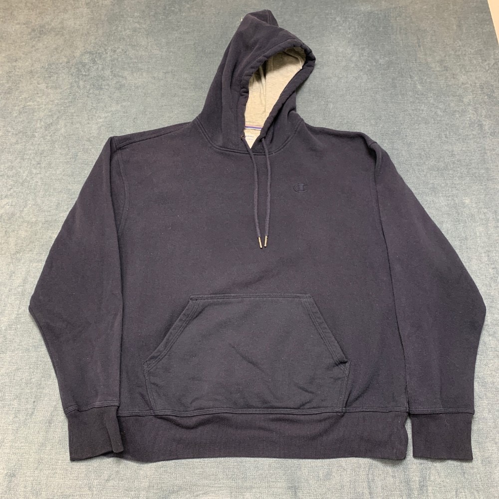 Champion Powerblend Hoodie Mens Large Blue Cotton Fleece Lined Logo Drawstring